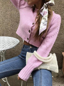 Lose Long Sleeve Solid Color Hollow Out Knit Short Cardigan Sweater Outwear