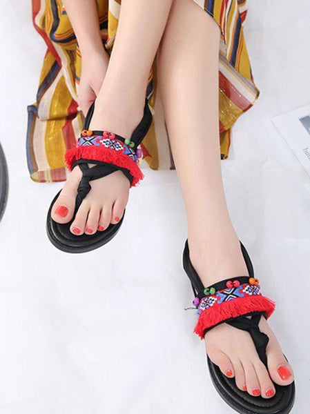 Bohemian Tasseled Flat Heel Sandals Clip Toe  Shoes