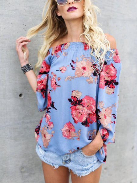 Bohemian Off-The-Shoulder Long Sleeve Print Chiffon Top