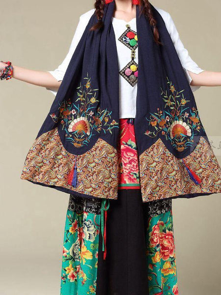 Ethnic Cotton and Linen Wild Long Embroidery Flower Shawl Scarf