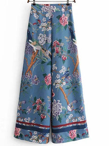 Autumn Bird Flower Print High Waist Side Zipper Loose Wide Leg Pants
