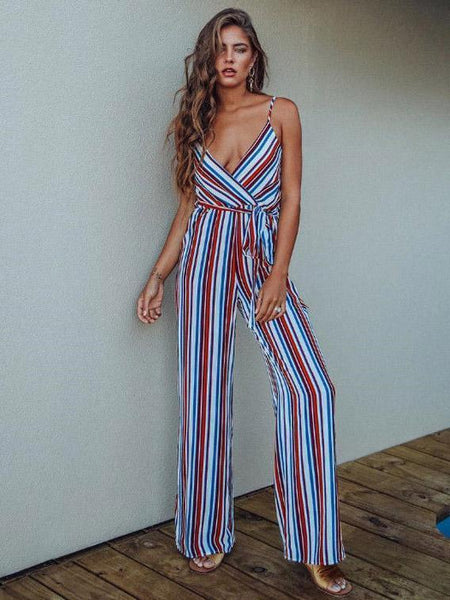 Stripe Spaghetti Strap Wide Leg Pants Beach Jumpsuit