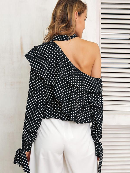 Sexy One Shoulder Polka Dot Lantern Sleeve Blouse Shirt