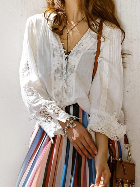 Sexy Boho V-Neckline Long Sleeve Lace Blouses Tops