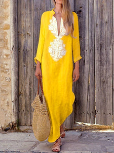Fashionable Cotton Line Casual V-Neck Yellow Maxi Dresses