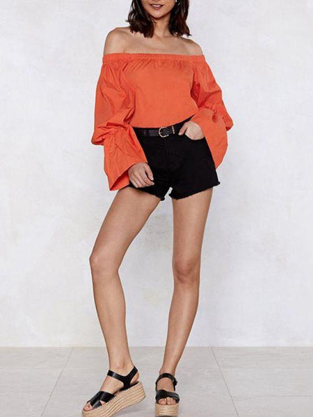 Bohemian Off-The-Shoulder Lantern Sleeves Solid Color Top