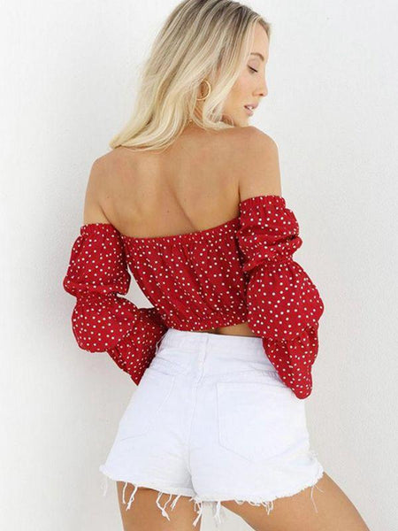 Off-The-Shoulder Flare Sleeves Dot Slim Top