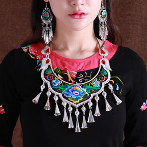 Ethnic Style Exaggerated Miao Silver Embroidery Collar Retro Bell Long Necklace