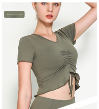 Load image into Gallery viewer, Rope v-neck sports short sleeve lotus leaf pendulum short yoga jacket with chest pad nude yoga