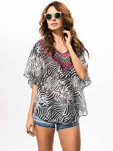 Fashion Black Stripe V Neck Shawl Cover-up Tops