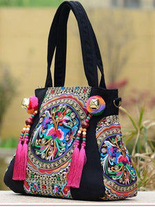 Ethnic Style Embroidery Versatile Canvas Oblique Tassel Shoulder Bag