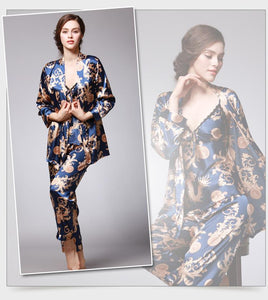 Silk Pajamas Ladies Spring and Summer Dragon Printed Silk Home Dress Three Pack