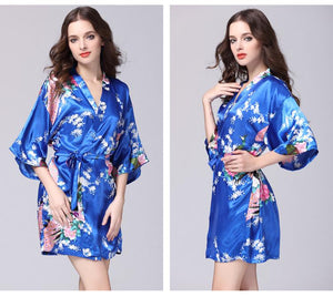 Silk nightgown women's summer mid sleeve peacock pajamas bathrobe large size home clothes 2