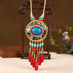 Hand-woven Folk Style Tibet Turquoise Spike Long Necklace