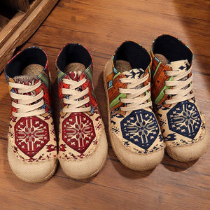 Vintage Boho Folk Pattern Lace-up Flat Canvas Shoes