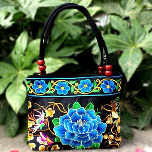 Big Peony Embroidery Ethnic Travel Women Shoulder Bags Handmade Canvas Wood Beads Handbag - hiblings