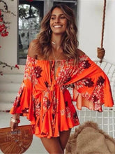 Load image into Gallery viewer, Floral Off Shoulder Flared Sleeve Boho Rompers