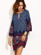 Load image into Gallery viewer, Classical Navy Blue Bohemia Long Sleeve Round Neck Mini Dress