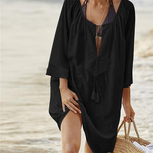 Women Solid Color Tassel Mini Dress Swimwear Beach Cover-up