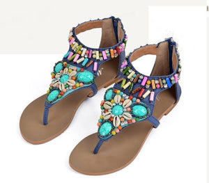 Ethnic Style Women Summer Bohemian Stone Bead Flat Sandals