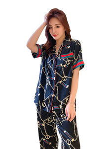 Autumn couple ice silk pajamas women fashion short sleeve suit men Korean leisure silk ladies cardigan home service