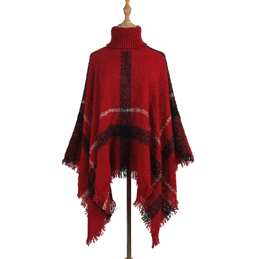 Sweater women's mid-length high collar fringe cape loose large size knit