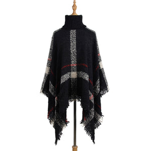 Sweater women's mid-length high collar fringe cape loose large size knit