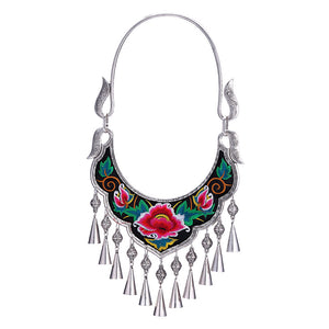 Ethnic Style Exaggerated Miao Silver Embroidery Collar Retro Bell Long Necklace