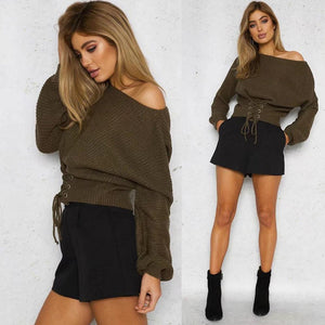 Solid Color Lace Up Pullover Sweater