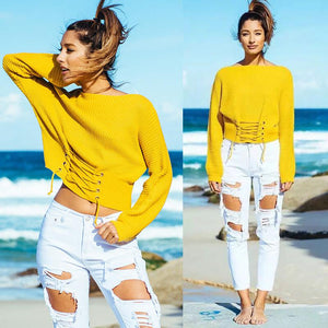 Solid Color Lace Up Pullover Sweater