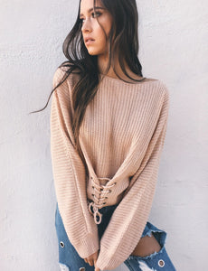 Solid Color Lace Up Pullover Sweater