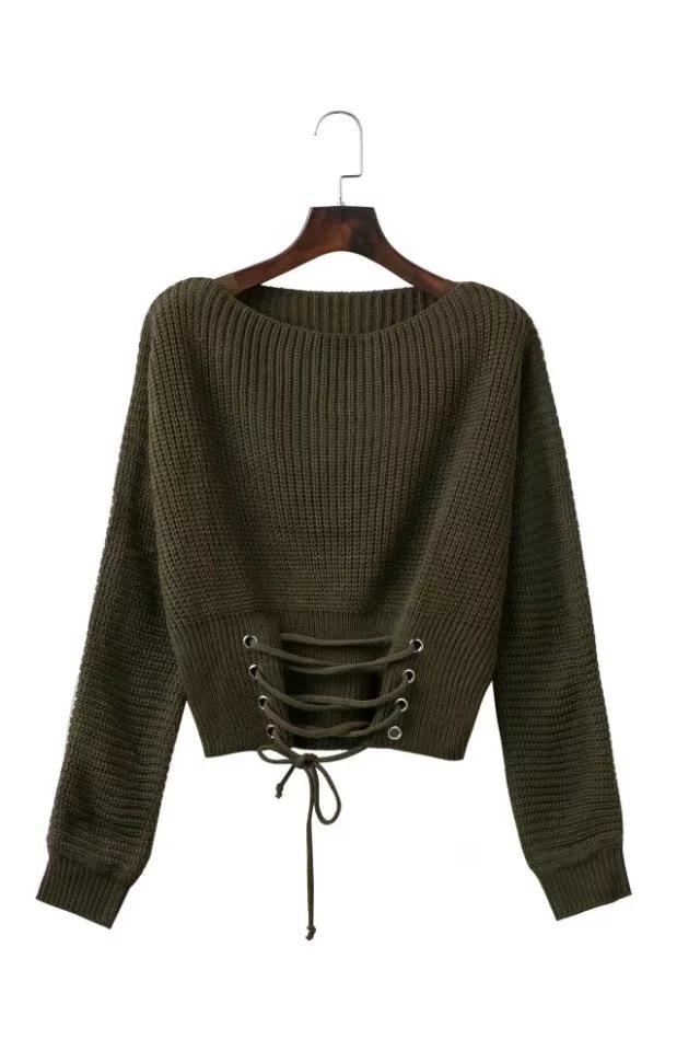 Solid Color Lace Up Pullover Sweater