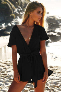 Solid Color Deep V Neck Short Sleeve Belted Rompers