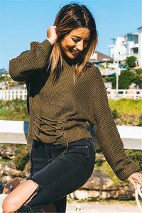 Solid Color Lace Up Pullover Sweater