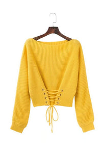 Solid Color Lace Up Pullover Sweater