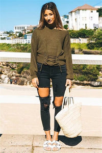 Solid Color Lace Up Pullover Sweater