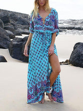 Load image into Gallery viewer, Pretty Bohemia Floral V Neck Half Sleeve Front Split Maxi Dress