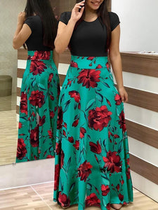 2018 Floral Short Sleeve High Waist Maxi Dress