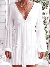 Load image into Gallery viewer, White Long Sleeve V Neck Beach Mini Dress