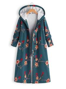 Floral Printed Long Hoodie Coat Outwear