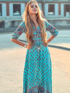 Pretty Bohemia Floral V Neck Half Sleeve Front Split Maxi Dress