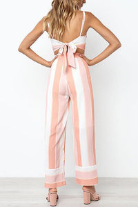 Pink Stripe Tops Wide Leg Pants Sets