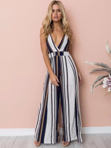 Spaghetti Strap Stripe Wide Leg Pants Jumpsuit