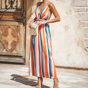 Colorful Striped Print V Neck Backless Sexy Long Dress
