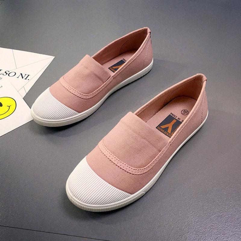 White Toe Color Blocking Canvas Slip On Casual Flat Shoes