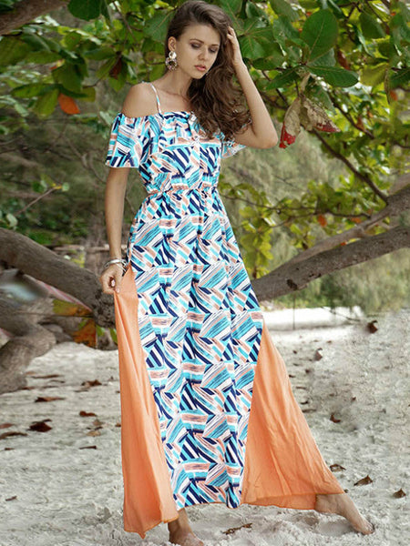 Off Shoulder Chiffon Split Long Style Women Beach Boho Dress Floral Print Maxi Robe Femme Fashion Ruffle Spaghetti Strap Dresses