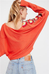 Autumn Winter Bohemian National Style Round Neck Flower Embroidery Thread Loose Sweater Coat