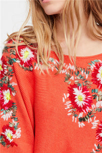 Bohemian national style crew neck flower embroidery thread loose sweater coat