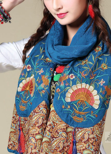 Ethnic Cotton and Linen Wild Long Embroidery Flower Shawl Scarf