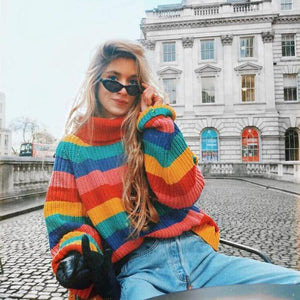 Rainbow Turtleneck Winter Jumpers Knitted Striped Oversize Pullover Sweater
